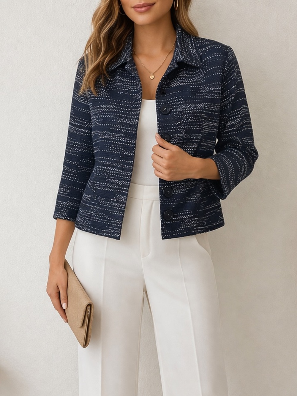 Jones New York Navy and White Textured Blazer